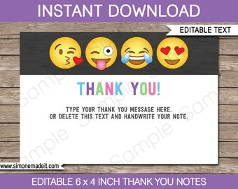 Emoji Party Thank You Cards - Printable Thank You Notes - Emoji Theme - Birthday Party - 4x6 inch - INSTANT DOWNLOAD with EDITABLE text