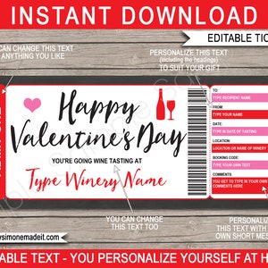 Valentinstag Weinprobe Gutschein Vorlage - druckbare Geschenkgutschein Gutscheinkarte für ein Weingut, SOFORTIGER DOWNLOAD mit EDITIERBARE Text