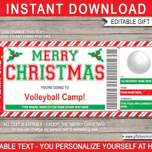 Plantilla de boleto de vale de regalo para el campamento de voleibol de Navidad imprimible - Clínica de habilidades del campamento de entrenamiento sorpresa - DESCARGA INSTANTE - Texto EDITABLE