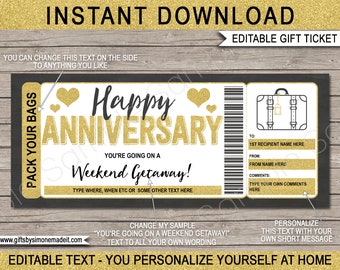 Anniversary Getaway Ticket Template: Editable Gift Voucher (Digital Download)