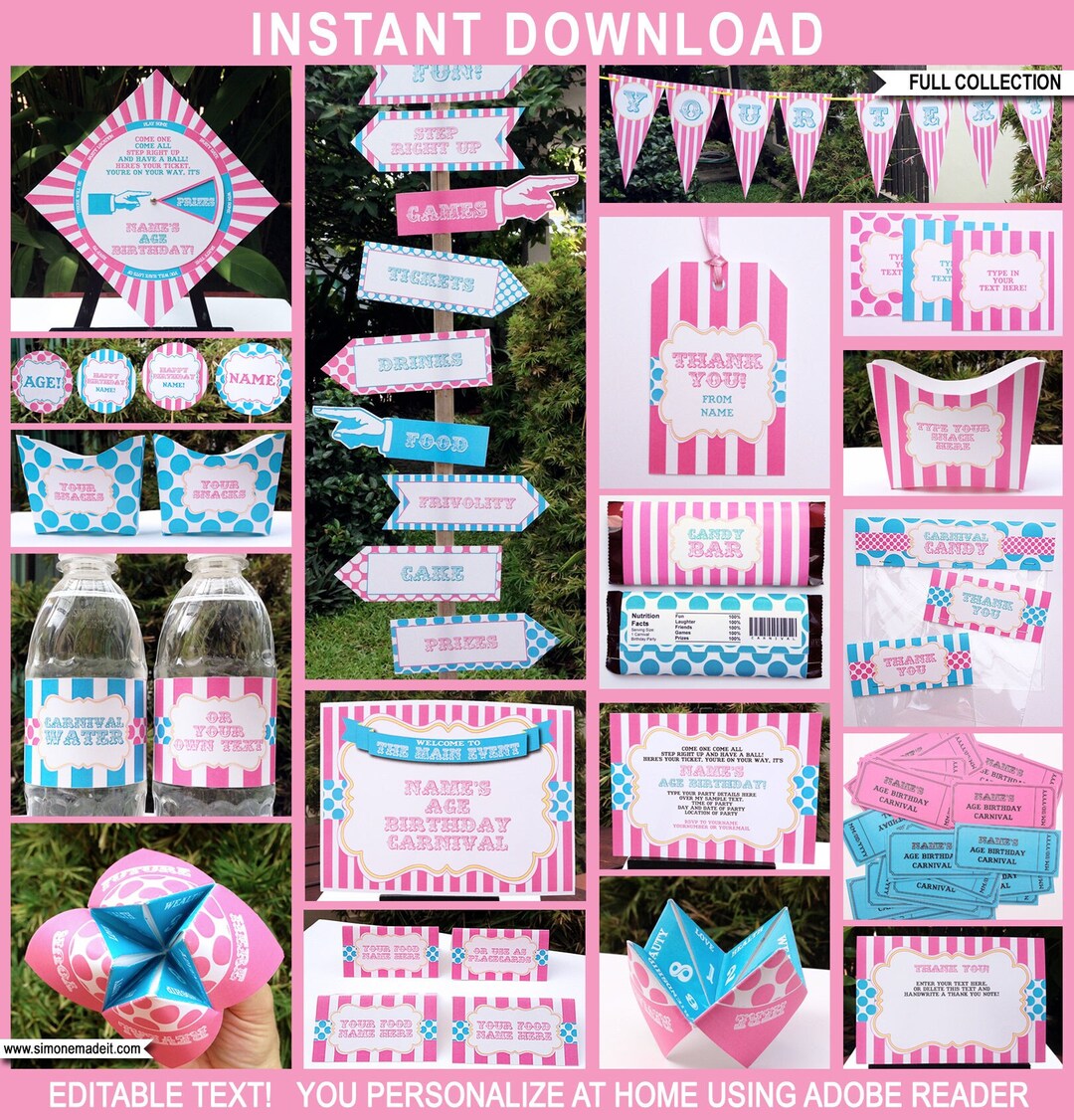 Pink Carnival Party Templates: Editable Birthday Decoration Bundle ...
