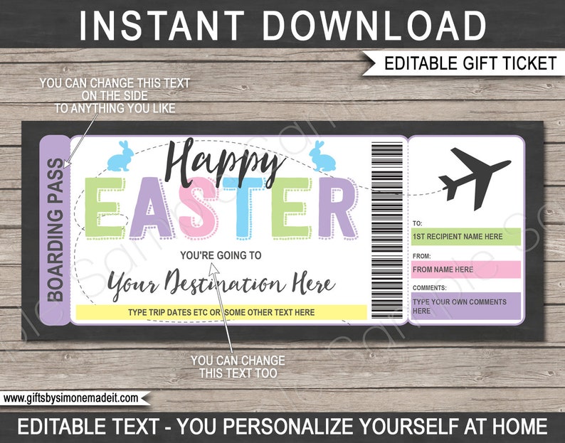 Easter Boarding Pass Template Surprise Trip Plane Ticket Gift, Airplane Flight Destination Airline, Fake INSTANT DOWNLOAD, text EDITABLE image 1