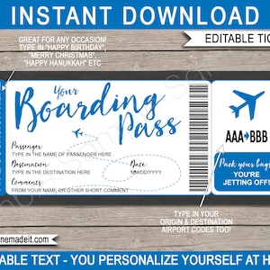 Modèle imprimable modifiable de carte d'embarquement, faux billet d'avion surprise, cadeau de voyage - Destination de vol en avion - Coupon de bricolage - TÉLÉCHARGEMENT IMMÉDIAT