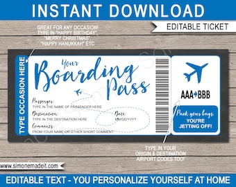 Printable Editable Boarding Pass Template Surprise Fake Plane Ticket Trip Gift - Airplane Flight Destination - DIY Coupon - INSTANT DOWNLOAD