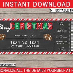 Christmas Football Ticket Gift Template Printable Surprise Gift Voucher to a Game Certificate Coupon INSTANT DOWNLOAD EDITABLE text image 1