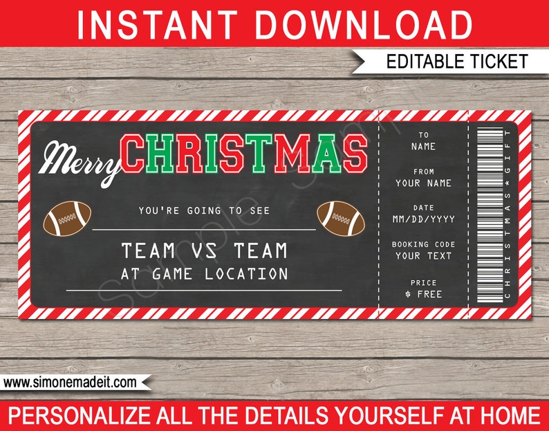 Christmas Football Ticket Gift Template Printable Surprise Gift Voucher to a Game Certificate Coupon INSTANT DOWNLOAD EDITABLE text image 1