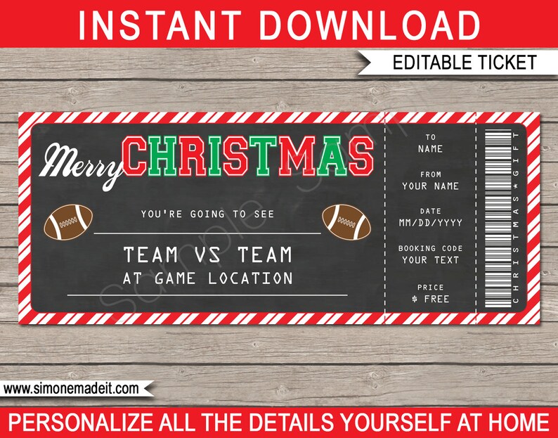 Christmas Football Ticket Gift Template Printable Surprise Gift Voucher to a Game Certificate Coupon INSTANT DOWNLOAD EDITABLE text image 1