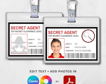 Spy Birthday Party Badge Template, Printable Secret Agent ID, Canva and Adobe Reader