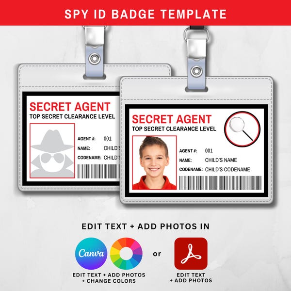 Spy Birthday Party Badge Template, Printable Secret Agent ID, Canva and Adobe Reader