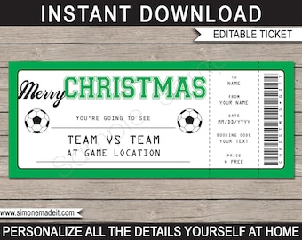 Soccer Game Ticket Christmas Gift - Surprise Tickets to Football Soccer Game - Printable template - INSTANT DOWNLOAD - EDITABLE Gift Voucher