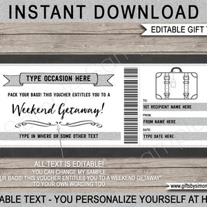 Weekend Away Gift Voucher Certificate Ticket Card Template - Printable Birthday Trip, Getaway, Pack Your Bags, Staycation - INSTANT DOWNLOAD