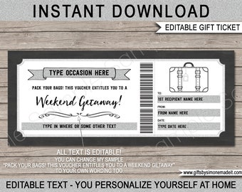 Weekend Away Gift Voucher Certificate Ticket Card Template - Printable Birthday Trip, Getaway, Pack Your Bags, Staycation - INSTANT DOWNLOAD