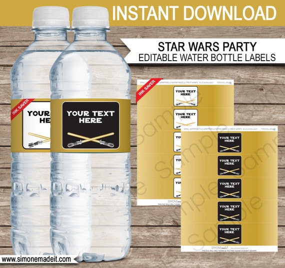 Gold Star Wars Water Bottle Labels or Wrappers - INSTANT DOWNLOAD with EDITABLE text template - type your own text in Adobe Reader Il_570xn