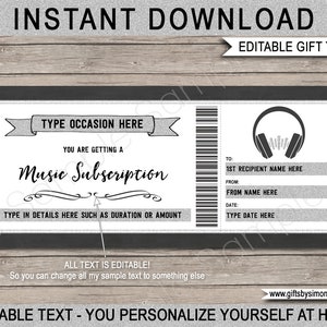 Modèle de certificat de carte-cadeau pour un abonnement musical - Streaming en ligne - DJ - Production musicale - TÉLÉCHARGEMENT IMMÉDIAT avec texte modifiable