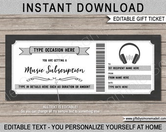 Music Subscription Gift Certificate Template: Editable Text (Instant Download)