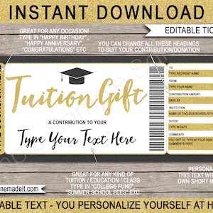Afdrukbare collegegeld cadeaubon College Fund Ticket - Universitair onderwijs Schoolgeld bijdrage - INSTANT DOWNLOAD - BEWERKBARE tekst