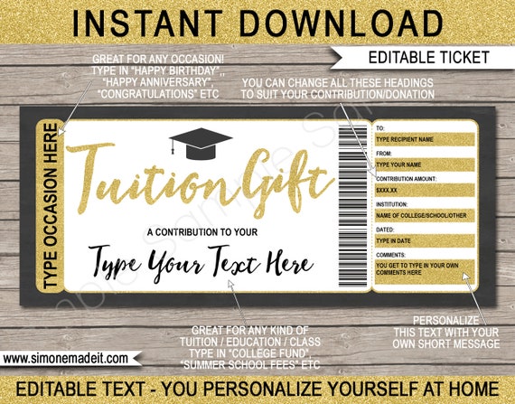Printable Tuition Gift Certificate College Fund Ticket - University Education School Fees Contribution - INSTANT DOWNLOAD - EDITABLE text Il_570xn