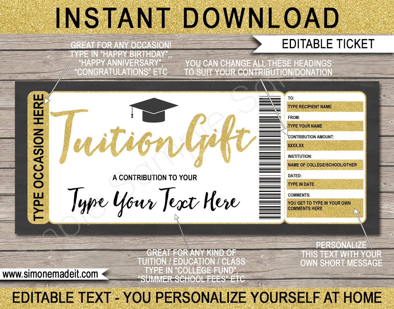 Printable Tuition Gift Certificate College Fund Ticket Printable Tuition Gift Certificate College Fund Ticket