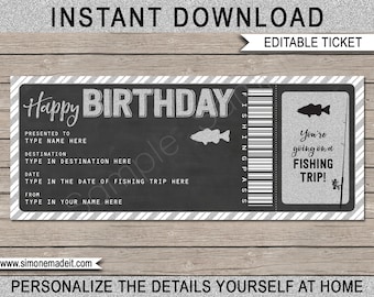 May include: Editable printable birthday ticket with a silver glitter background. The ticket says "Happy Birthday" and has a fishing theme with a fish and fishing rod graphic. The text says "You're going on a fishing trip!"