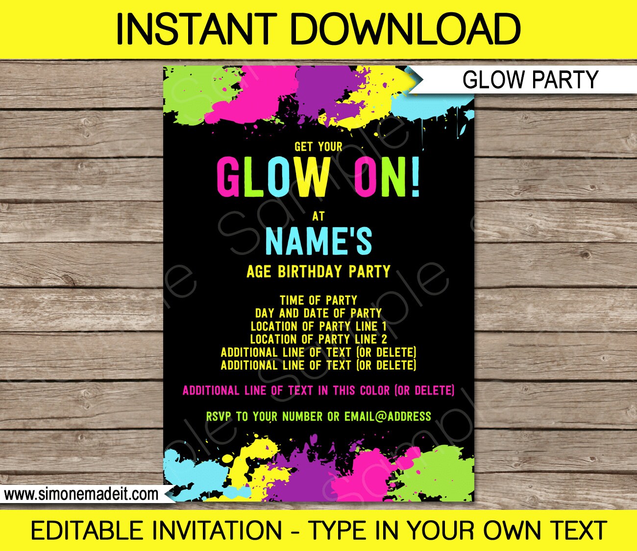 Glow Party Invitation Template Neon Glow Theme Birthday Etsy