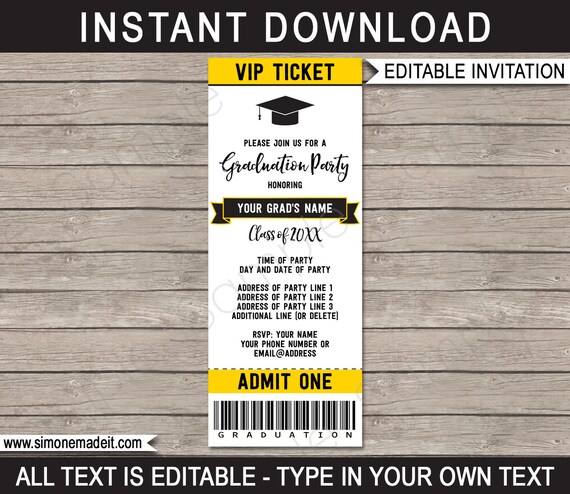 Graduation Ticket Invitation Template - Graduation Party - Gold / Yellow & Black - any Year - INSTANT DOWNLOAD with EDITABLE text - you edit Il_570xn