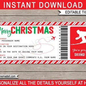 Modelo de viagem de esqui surpresa - Bilhete de passe de esqui para impressão Presente de Natal - Férias de férias - DOWNLOAD INSTANTÂNEO com texto EDITÁVEL