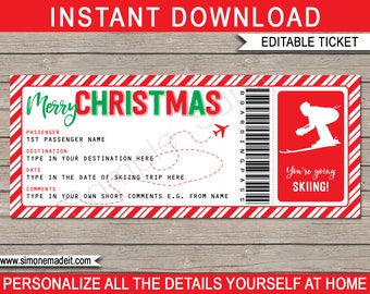 Surprise Skiing Trip Template - Printable Ski Pass Ticket Christmas Gift - Holiday Vacation Getaway - INSTANT DOWNLOAD with EDITABLE text