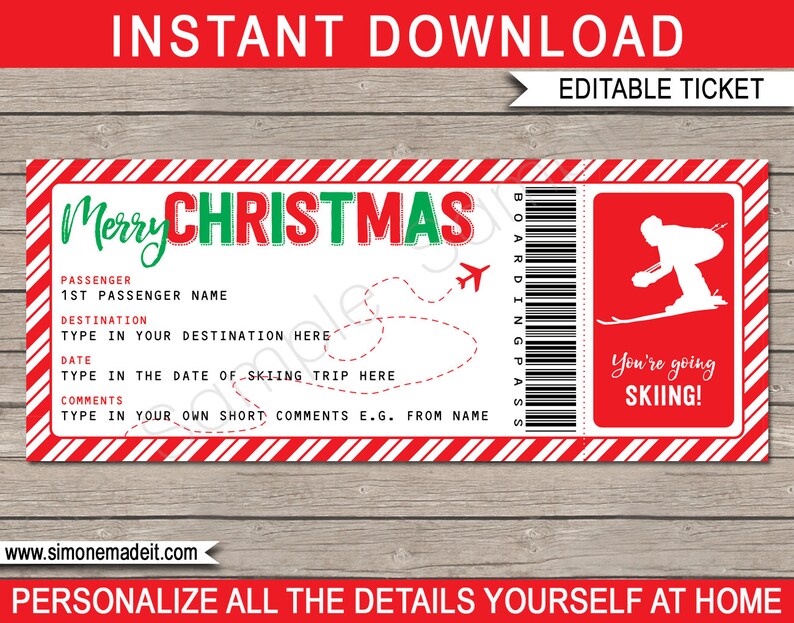 K&ouml;nnte beinhalten: Ein weihnachtliches Boarding-Pass-Design mit rot-wei&szlig; gestreiftem Rand. Das Ticket enth&auml;lt Felder f&uuml;r Passagierdetails und Zielort, mit dem Text "Merry Christmas" in Gr&uuml;n. Ein rotes Feld zeigt einen Skifahrer und den Text "You're going SKIING!"
