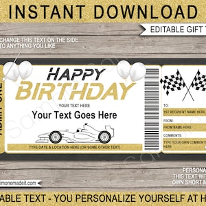 Modelo de bilhete de corrida de aniversário - Karts - Certificado de presente para experiência de condução de carro surpresa para impressão Cupom DIY - Texto EDITÁVEL DOWNLOAD
