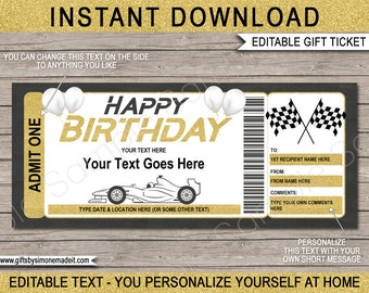 Birthday Racing Ticket Template - Go Karts - Printable Surprise Car Driving Experience Gift Certificate DIY Coupon - EDITABLE Text DOWNLOAD