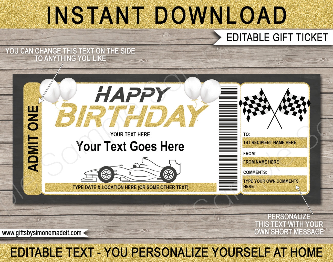 birthday racing ticket template go karts printable etsy