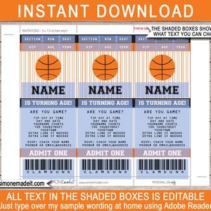 May include: Three printable basketball-themed party invitations with a blue and white striped background. Each invitation has a basketball graphic, the text "Name is turning age!" and a ticket-style design with the text "Admit One" and "Slam Dunk". The text "All text in the shaded boxes is editable. Just type over my sample wording at home using Adobe Reader" is at the bottom of the image.