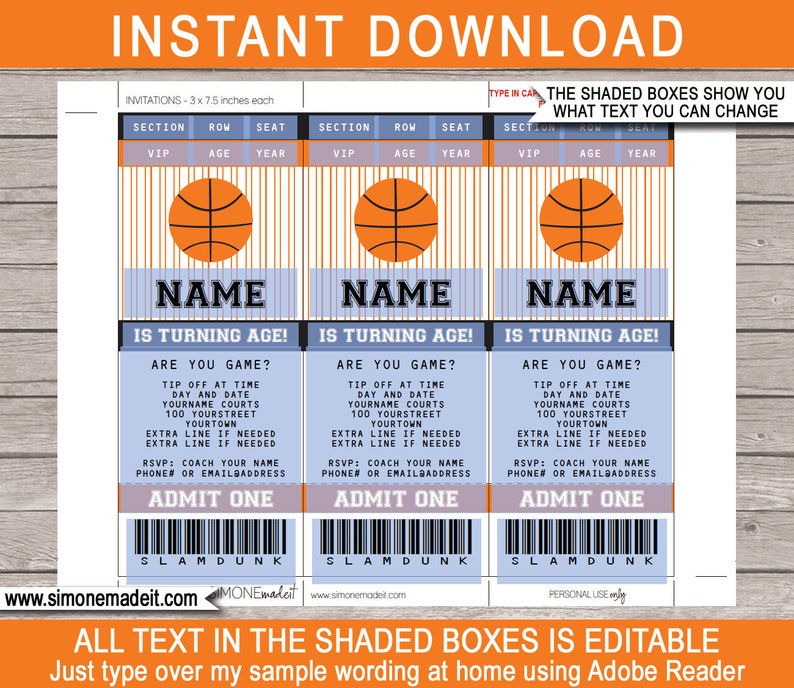 May include: Three printable basketball-themed party invitations with a blue and white striped background. Each invitation has a basketball graphic, the text "Name is turning age!" and a ticket-style design with the text "Admit One" and "Slam Dunk". The text "All text in the shaded boxes is editable. Just type over my sample wording at home using Adobe Reader" is at the bottom of the image.