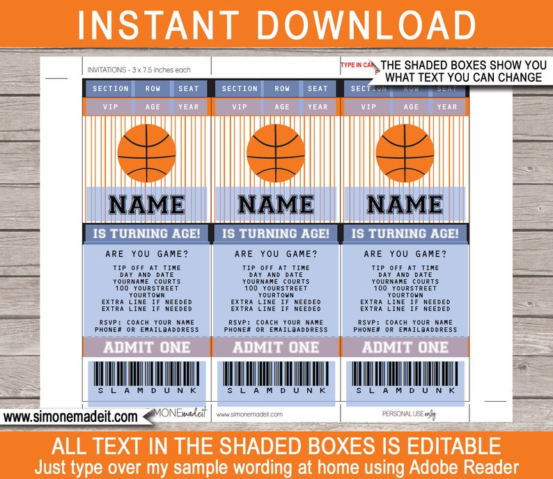 Basketball Ticket Invitation Template Birthday Party INSTANT DOWNLOAD with EDITABLE text you personalize at home image 2