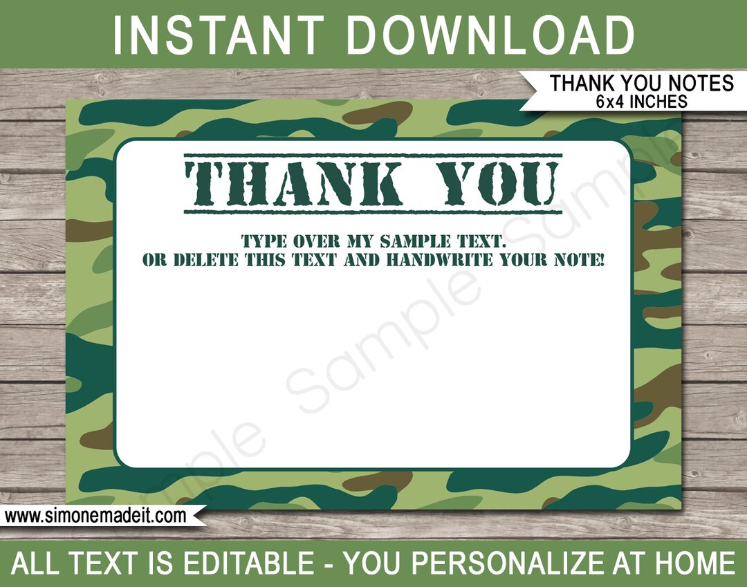 Army Thank You Cards Template Printable Green Camo Theme Birthday Party