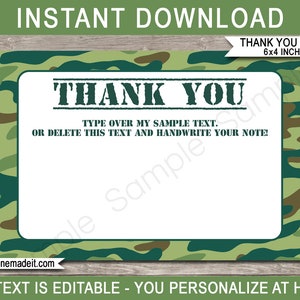 Army Thank You Cards Template Printable Green Camo Theme Birthday Party Favor Tags Custom Notes Boot Camp EDITABLE TEXT DOWNLOAD image 1