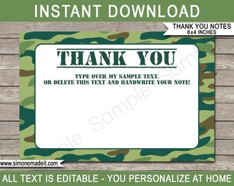 Army Thank You Cards Template - Printable Green Camo Theme Birthday Party Favor Tags Custom Notes - Boot Camp - EDITABLE TEXT DOWNLOAD