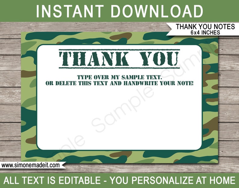 Army Thank You Cards Template Printable Green Camo Theme Birthday Party Favor Tags Custom Notes Boot Camp EDITABLE TEXT DOWNLOAD image 1