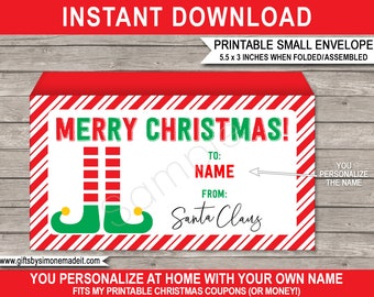 Printable Christmas Envelope Template - Elf Gift Last Minute Personalized - INSTANT DOWNLOAD with EDITABLE Name - Santas Workshop