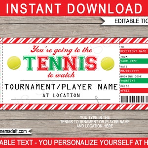 Tennis Weihnachtsgeschenk Ticket Vorlage - Überraschungstickets für ein Tennisspiel oder -Turnier - Druckbares Gutschein-Zertifikat - EDITIERBARER Text