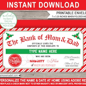 Enveloppe de Noël Bank of papa et maman, portefeuille cadeau en espèces pour enfants imprimable, bas de Noël, nom MODIFIABLE - TÉLÉCHARGEMENT IMMÉDIAT