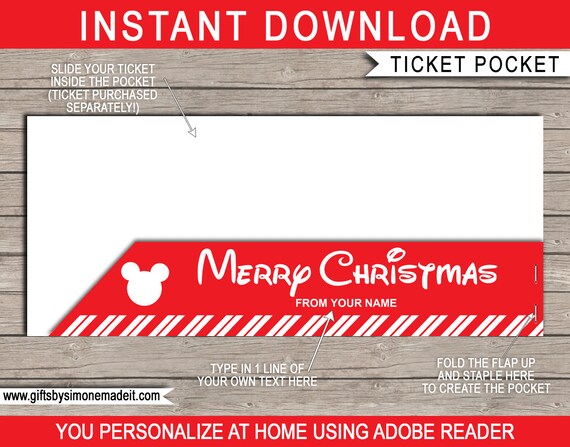 Printable Pocket Sleeve for Christmas Disney Gift Tickets - Type your name & print - Merry Christmas - INSTANT DOWNLOAD - EDITABLE text Il_570xn