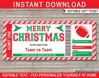 Football Ticket Template Christmas Gift - Surprise Game Ticket - Printable Gift Voucher Certificate - INSTANT DOWNLOAD with EDITABLE text