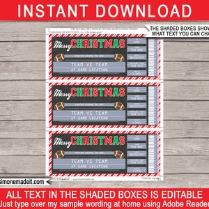 Christmas Football Ticket Gift Template Printable Surprise Gift Voucher to a Game Certificate Coupon INSTANT DOWNLOAD EDITABLE text image 2