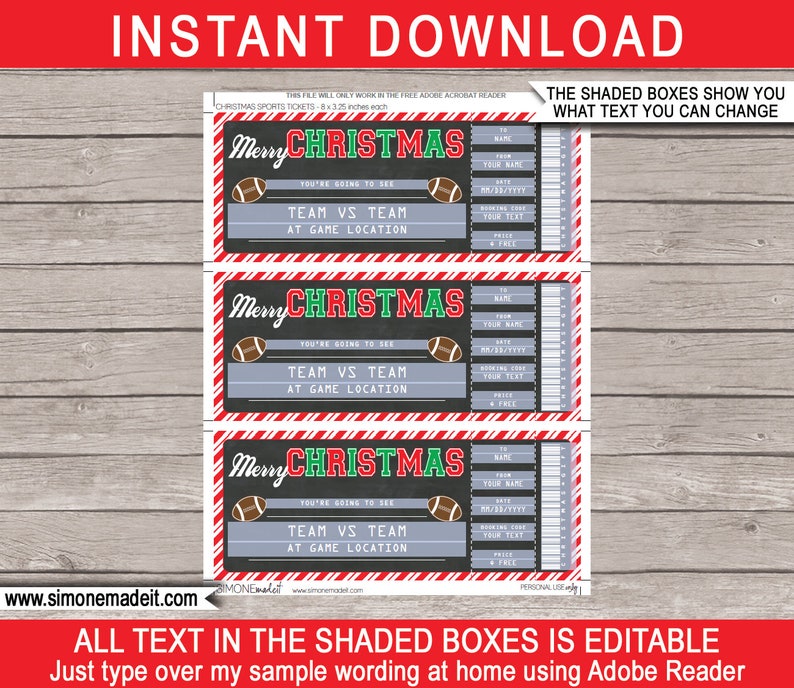 Christmas Football Ticket Gift Template Printable Surprise Gift Voucher to a Game Certificate Coupon INSTANT DOWNLOAD EDITABLE text image 2