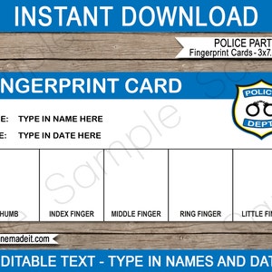 Modèle de carte de police d'empreintes digitales - imprimables décorations de fête d'anniversaire sur le thème détective - TÉLÉCHARGEMENT IMMÉDIAT - texte MODifiable