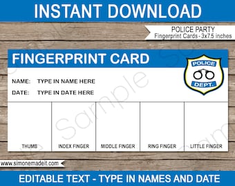 Police Fingerprint Card Template - Printable Detective Theme Birthday Party Decorations - INSTANT DOWNLOAD - EDITABLE text