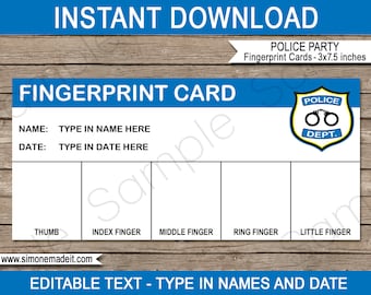 Politie vingerafdruk kaartsjabloon - afdrukbare detective thema verjaardagsfeestje decoraties - INSTANT DOWNLOAD - BEWERKBARE tekst