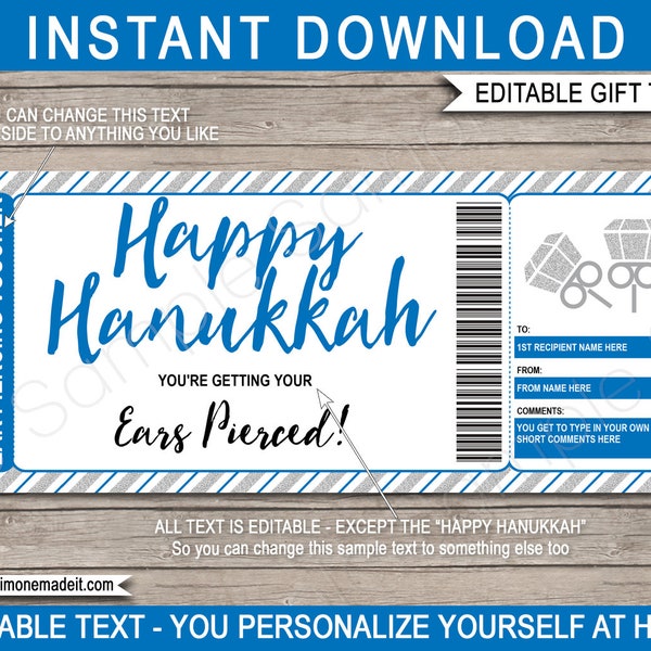 Hanukkah Ear Piercing Gift Voucher Template Printable Ticket - Tween Teen Gift Idea for Daughter - INSTANT DOWNLOAD with EDITABLE text