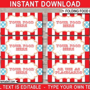 Red & Aqua Circus Food Label Templates - Printable Birthday Party Decorations - Place Cards - Carnival Theme - INSTANT DOWNLOAD - EDITABLE Text